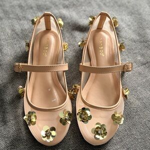 BAMBOO Mary Jane ballet beige pink mesh gold Flats with Elegant gold Flowers